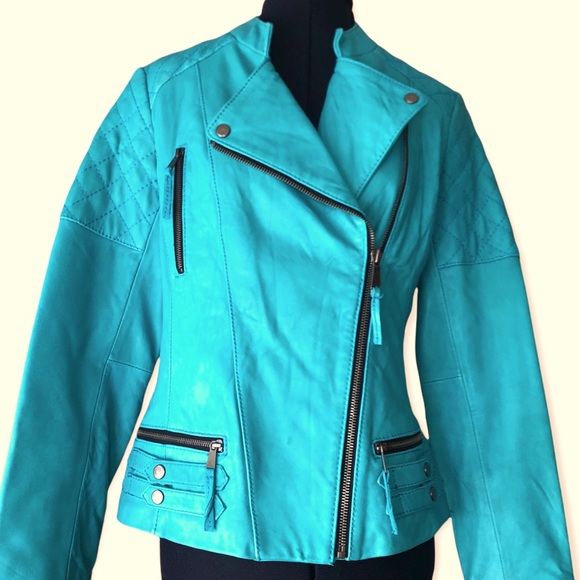Neiman Marcus Jackets & Blazers - Neiman Marcus Turquoise Leather Motorcycle Jacket M